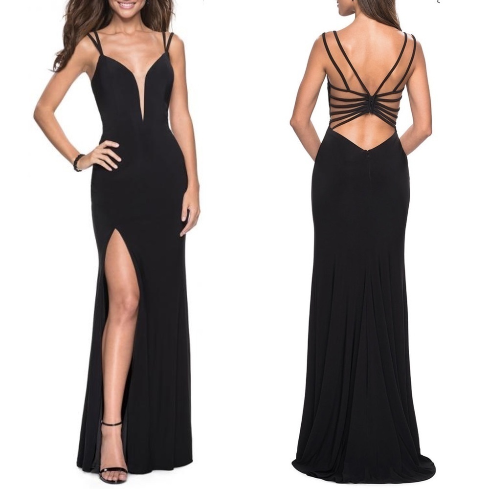 NEW La Femme 27072 Illusion Mesh Inset Plunging V Neckline Strappy Back …